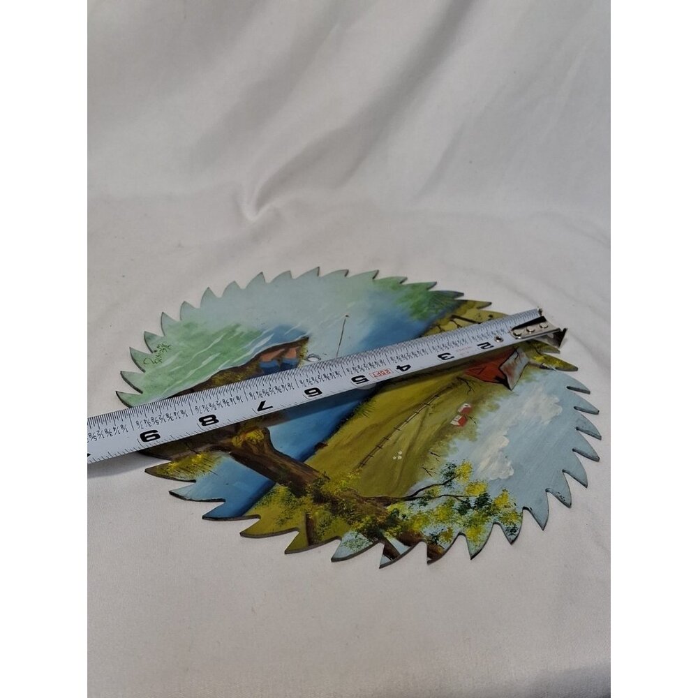 Hand painted Saw Blade, Farm Scene w/ Barn, Boy FIshing Water Trees, Fence, 9" - Picture 5 of 5